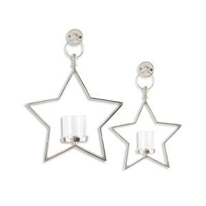 K&K Interiors Set Of 2 Metal Star Hurricane Candleholders, Silver
